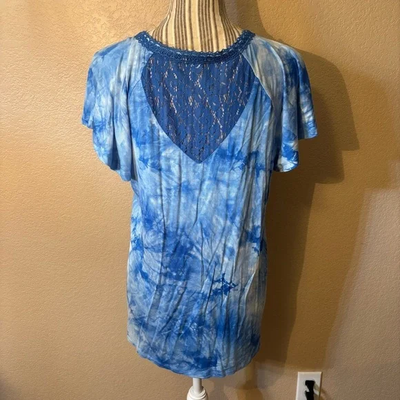 World Unity Top Large Blue White Tie-Dye Tunic Top Lace Trim & Detail Boho - Picture 6 of 15